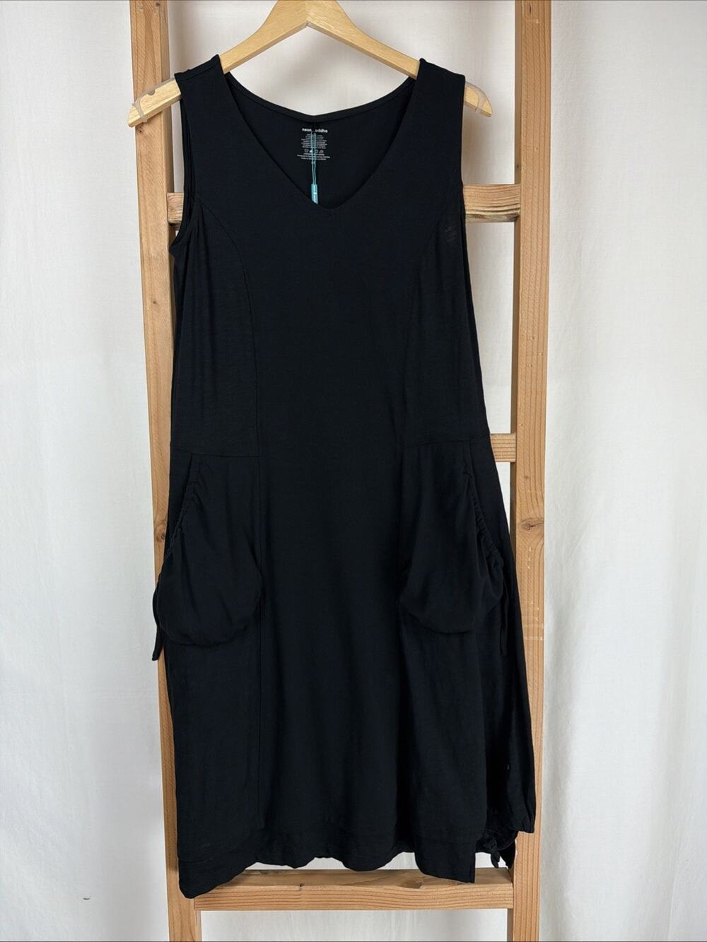 NWT Neon Buddha Black Pocket Drawstring Side Hem Midi Tank Dress #0879 Size S